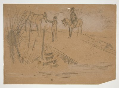 Dos hombres y dos caballos en un paisaje - ilustración no identificada de Edwin Austin Abbey