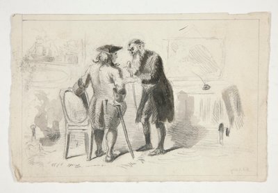 Dos hombres conversando en un interior - ilustración no identificada de Edwin Austin Abbey