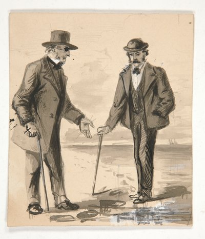dos hombres, conversar, en, seashore, -, no identificado, ilustración de Edwin Austin Abbey