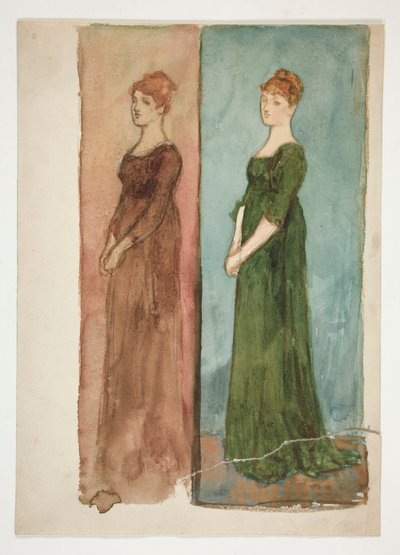 Dos bocetos de una mujer (vestida de rojo, de verde): ¿estudios de vestuario para una obra de teatro? de Edwin Austin Abbey