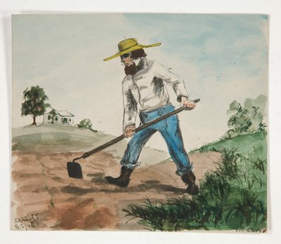 Ilustración no identificada de un hombre cavando un jardín (anverso); Estudios de tres figuras (verso) de Edwin Austin Abbey