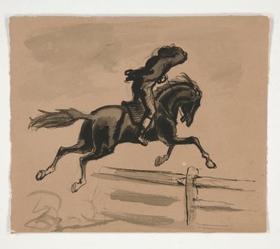 Ilustración no identificada de un jinete saltando una valla (anverso); Figura Estudio de un anciano (verso) de Edwin Austin Abbey