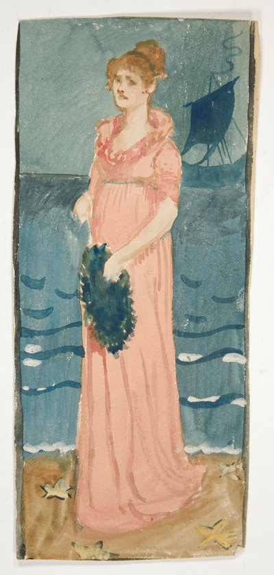 Ilustración no identificada de mujer en una playa, barco a distancia de Edwin Austin Abbey