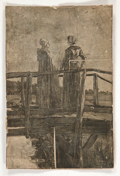 Grabado en madera sin título de E.A. Abadía (?) de dos damas en una pasarela de madera - ilustración para William Black de Edwin Austin Abbey