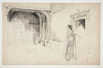 Mujer y perro en un interior - (¿ilustración no identificada para una obra de teatro?) de Edwin Austin Abbey