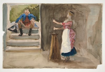 Mujer batiendo mantequilla, hombre con vestido revolucionario mirando - (ilustración no identificada) de Edwin Austin Abbey