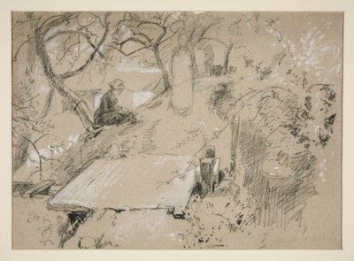 Mujer sentada en un banco en un jardín o parque público - ilustración no identificada de Edwin Austin Abbey