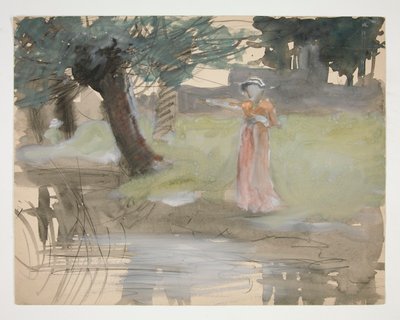 mujer estar de pie, por, un, riverbank, -, no identificado, ilustración de Edwin Austin Abbey
