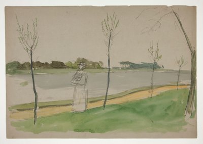 Mujer paseando por la orilla de un río de Edwin Austin Abbey