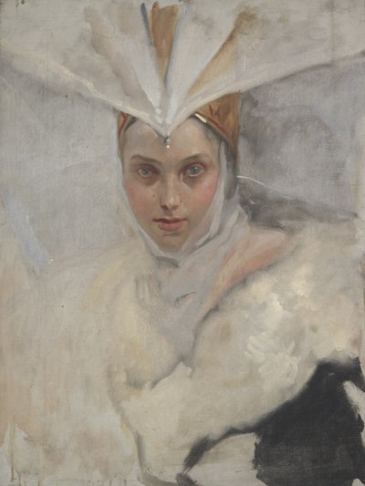 Mujer con Tocado de Águila Pescadora y Collar de Piel Blanca de Edwin Austin Abbey