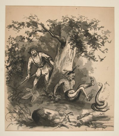 Escena del bosque de un cazador, un indio y una serpiente - ilustración no identificada de Edwin Austin Abbey