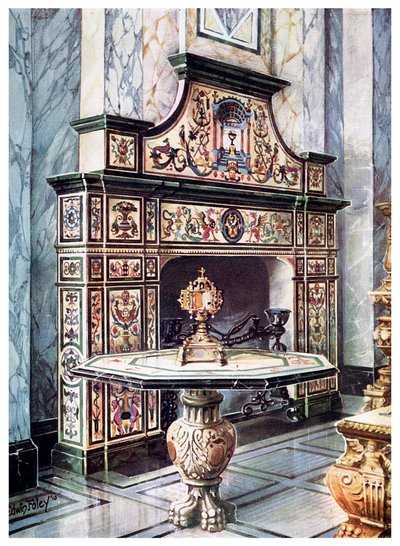 Chimenea y mesa en mosaico florentino coloreado, 1910 de Edwin Foley