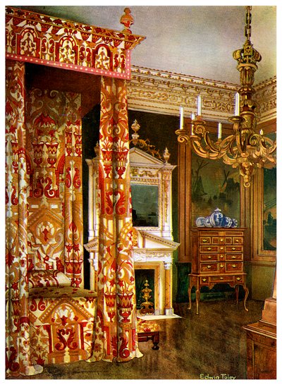 Cama de la Reina Ana, cómoda sobre un soporte y un candelabro de madera, 1910 de Edwin Foley