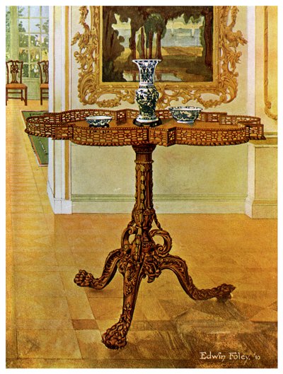 Mesa de galería con borde de celosía, Escuela Chippendale, 1911-1912 de Edwin Foley