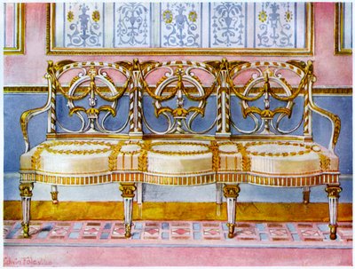 Sofá blanco dorado y pintado, influencia de Pergolesi de Edwin Foley