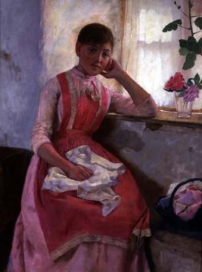 Retrato de una niña con delantal rosa de Edwin Harris
