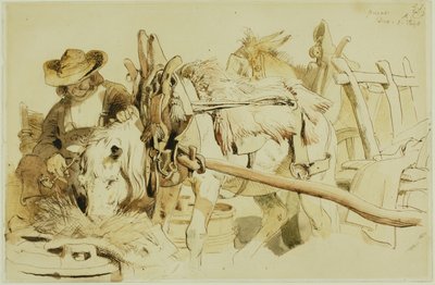 Un granjero alimentando a su pony en Ginebra (recto); Fraile sentado (verso) de Edwin Henry Landseer