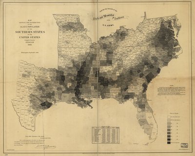 Mapa que muestra la distribución de la población esclava de los estados del sur de los Estados Unidos, compilado a partir del censo de 1860 de Edwin Hergesheimer