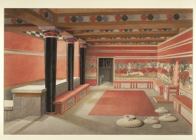 Pintura de la reimaginada Sala del Trono del Palacio de Minos en Cnosos de Edwin J. Lambert