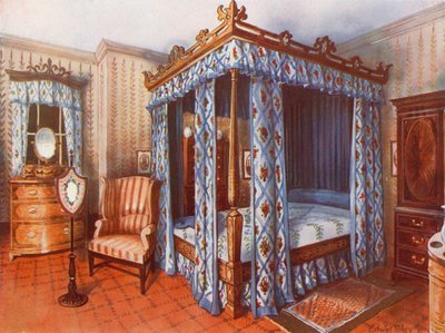 Un dormitorio Hepplewhite. Cama de satén con cortinas de chintz. Tocador de satén con incrustaciones y armario de caoba de Edwin John Foley