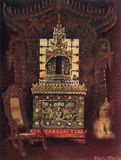 Muebles asiáticos de la colección de Lord Curzon de Kedleston, G.C.S.I., D.C.L., etc. Puerta tallada y dorada birmana de Mandalay. Caja de manuscritos budista (Poongyi) y santuario (Sadaik) de madera de Edwin John Foley