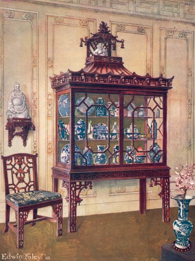 Vitrina china tallada en el estilo chino de Chippendale y una silla china de Chippendale de Edwin John Foley
