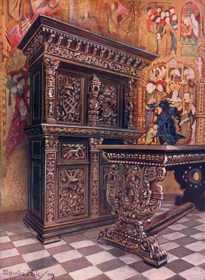 Armario de roble tallado, con el cifrado de Lambert Suavius de Lieja. Mesa de roble tallado de Edwin John Foley