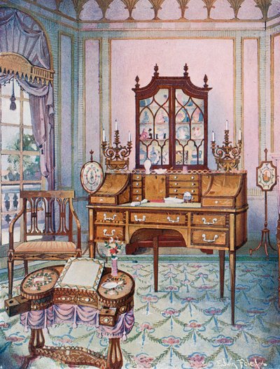 Cilindro de caoba incrustado y estantería de libros. Mesa de dibujo y escritura en forma de 