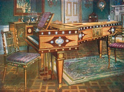Mobiliario Decorativo de finales del siglo XVIII. Pianoforte de Madera de Satén y Caoba con Incrustaciones, con Placas de Wedgwood, Monturas de Ormolu, Panel y Estrellas, Presentado por Manuel Godoy a la Reina de España en 1796. de Edwin John Foley
