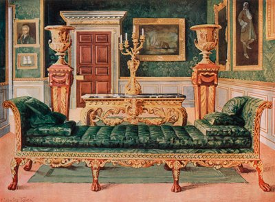 Conjunto georgiano de caoba y dorado en la galería y sala de dibujo verde del Castillo de Longford de Edwin John Foley