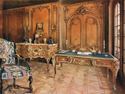 Habitación panelada: Estilo francés de la Regencia. Silla de roble tallado. Mesa de escritura de caoba con montura de bronce dorado. Cómoda bombe con montura de bronce dorado, por Charles Cressent de Edwin John Foley