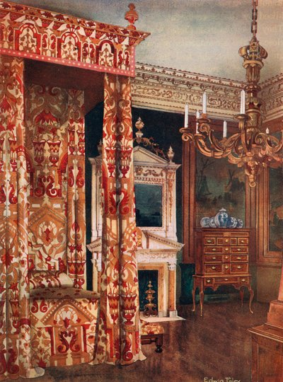 Cama de la Reina Ana. Cómoda sobre soporte. Candelabro de madera de Edwin John Foley