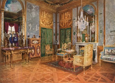 Salón de Música de la Reina María Antonieta, Palacio de Fontainebleau, Francia. Consola tallada y dorada. Sofá dorado en tapicería de Beauvais. Mesa, montada en ormolu y con placas de Sèvres. Gabinete de marquetería de Edwin John Foley