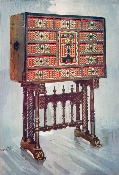 Gabinete Vargueno de castaño, marfil, etc., pintado y dorado con monturas de hierro forjado y acero: sobre soporte retorcido, torneado y tallado de Edwin John Foley