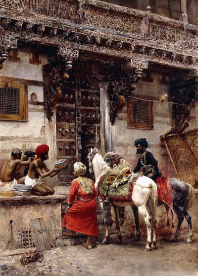 Artesano vendiendo estuches junto a un edificio de madera de teca, Ahmedabad, c.1885 de Edwin Lord Weeks