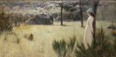 La joven pastora y su cabra en un pasto primaveral de Edwin Sherwood Calvert