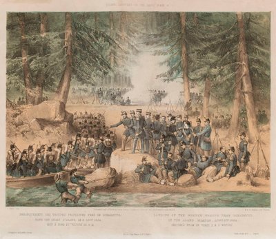 Desembarco de las tropas francesas cerca de Bomarsund en las Islas Aland, 8 de agosto de 1854 (litografía, tintada) de Edwin Thomas (after) Dolby