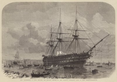 HMS Agamemnon, 91 cañones, embarcando la porción inglesa del cable submarino atlántico en East Greenwich de Edwin Weedon