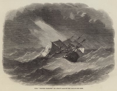 HMS Princess Charlotte en una fuerte tormenta frente al Cabo de Buena Esperanza de Edwin Weedon