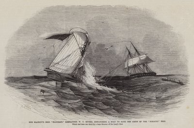 El bergantín Nautilus de Su Majestad, comandante W T Rivers, despachando un bote para salvar a la tripulación del bergantín Horatio de Edwin Weedon