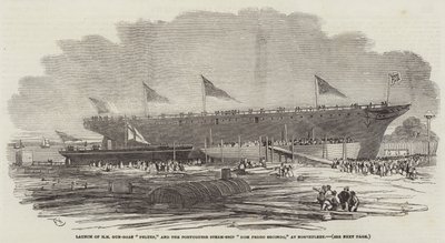 Lanzamiento del cañonero HM Pelter y el barco de vapor portugués Dom Pedro Segundo, en Northfleet de Edwin Weedon