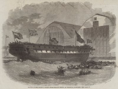 Lanzamiento de la fragata de vapor de tornillo de Su Majestad Bristol en el astillero de Woolwich de Edwin Weedon