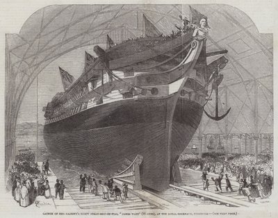 Lanzamiento del barco de guerra a vapor de tornillo de Su Majestad, James Watt (90 cañones), en el astillero real de Pembroke de Edwin Weedon