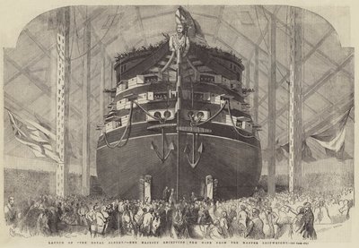 Lanzamiento del Royal Albert, Su Majestad recibiendo el vino del maestro carpintero naval de Edwin Weedon