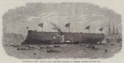 Nuestra flota acorazada, lanzamiento del HMS Lord Clyde, ariete de vapor, en el astillero de Pembroke de Edwin Weedon