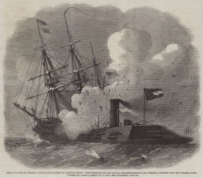 La Guerra Civil en América, Compromiso Naval en Hampton Roads, el Vapor Blindado Confederado Merrimac (o Virginia) chocando con el Bergantín Federal Cumberland de Edwin Weedon