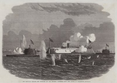 La fragata acorazada New Ironsides y dos baterías Ericsson entrando en acción en Charleston de Edwin Weedon