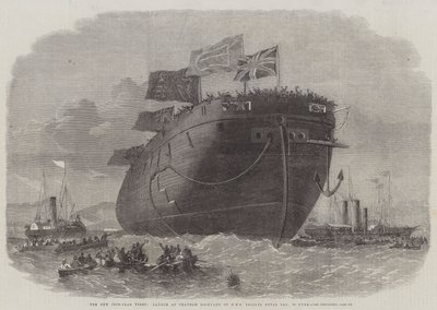 La nueva flota acorazada, lanzamiento en el astillero de Chatham del HMS Frigate Royal Oak, 50 cañones de Edwin Weedon