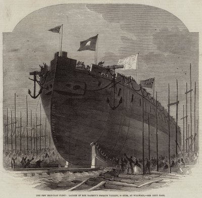 La nueva flota acorazada, lanzamiento de la fragata de Su Majestad Valiant, 34 cañones, en Millwall de Edwin Weedon