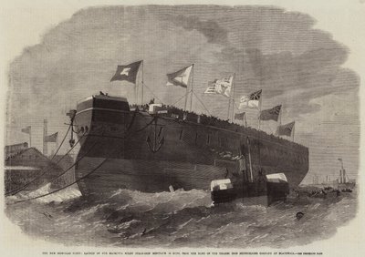 La nueva flota acorazada, lanzamiento del barco de vapor de tornillo de Su Majestad Minotauro 50 cañones, desde el astillero de la Thames Iron Shipbuilding Company en Blackwall de Edwin Weedon
